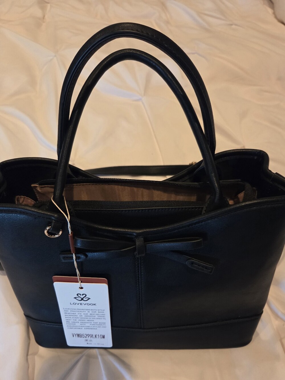 Black Tote Handbag with Bow Accent